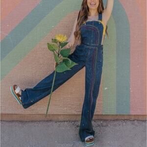 Sz 8 NWOT ModCloth Rainbow Denim Overalls Wide-Leg Embroidered Bib Retro Kidcore